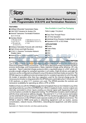 SP508CF datasheet - Rugged 40Mbps, 8 Channel Multiprotocol Transceiver with Programmable DCE/DTE and Termination Resistors