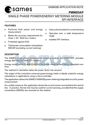 PM9603APE datasheet - SINGLE PHASE POWER/ENERGY METERING MODULE SPI INTERFACE