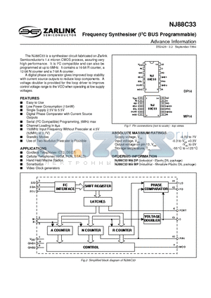 NJ88C33MAMP datasheet - Frequency Synthesiser (I2C BUS Programmable)