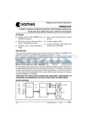 PM9604 datasheet - THREE PHASE POWER/ENERGY METERING MODULE FOR SPI BUS AND PULSE OUTPUT DEVICES