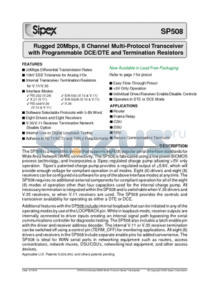 SP508CF datasheet - Rugged 20Mbps, 8 Channel Multi-Protocol Transceiver with Programmable DCE/DTE and Termination Resistors