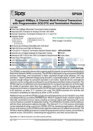 SP509 datasheet - Rugged 40Mbps, 8 Channel Multi-Protocol Transceiver with Programmable DCE/DTE and Termination Resistors
