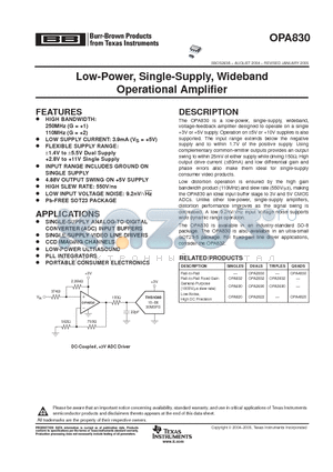 OPA830IDBVR datasheet - Low-Power, Single-Supply, Wideband Operational Amplifier