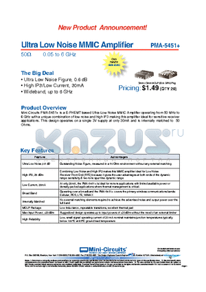 PMA-5451+ datasheet - Ultra Low Noise MMIC Amplifier