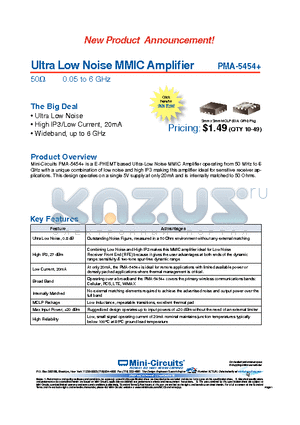 PMA-5454+ datasheet - Ultra Low Noise MMIC Amplifier