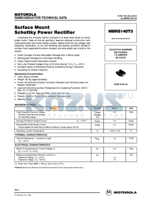 MBRS140T3 datasheet - Surface Mount Schottky Power Rectifier