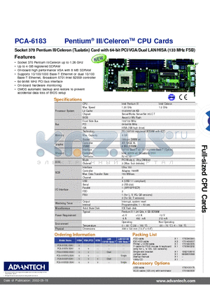 PCA-6183E2-00A1 datasheet - Pentium III/Celeron CPU Cards