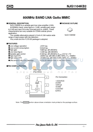 NJG1104KB2-C4 datasheet - 800MHz BAND LNA GaAs MMIC