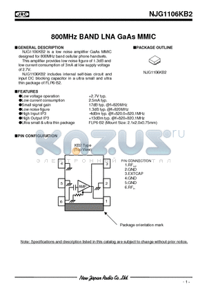 NJG1106KB2-L1 datasheet - 800MHz BAND LNA GaAs MMIC