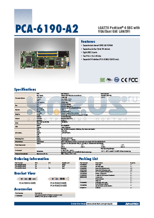 PCA-6190G2-00A2E datasheet - LGA775 Pentium^ 4 SBC with VGA/Dual GbE LAN/DVI