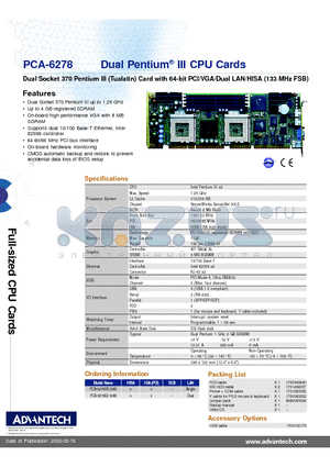 PCA-6278E2-00A1 datasheet - Dual Pentium III CPU Cards
