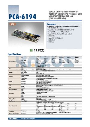 PCA-6194 datasheet - LGA775 Core 2 Duo/Pentium^ D/Pentium^ 4/Celeron^ D Processor Card with IPMI/VGA/Dual GbE LAN (FSB 1066/800 MHz)