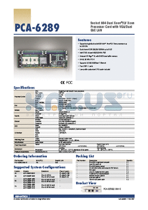 PCA-6289 datasheet - Socket 604 Dual Xeon^/LV Xeon Processor Card with VGA/Dual GbE LAN