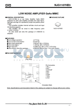 NJG1107HB3 datasheet - LOW NOISE AMPLIFIER GaAs MMIC