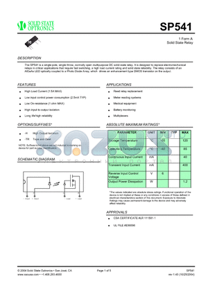 SP541 datasheet - 1 Form A Solid State Relay