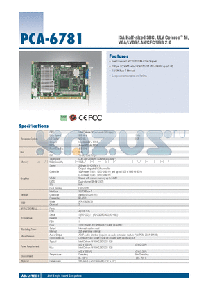 PCA-6781VE-M0A1E datasheet - ISA Half-sized SBC, ULV Celeron^ M, VGA/LVDS/LAN/CFC/USB 2.0