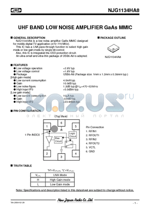 NJG1134HA8 datasheet - UHF BAND LOW NOISE AMPLIFIER GaAs MMIC