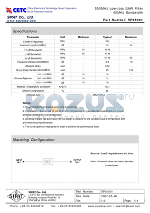 SP55001 datasheet - 550MHz Low-loss SAW Filter 45MHz Bandwidth