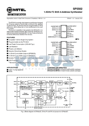 SP5502 datasheet - 1.3GHz I2C BUS 4-Address Synthesiser