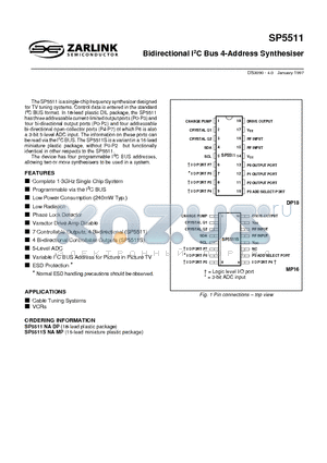 SP5511 datasheet - Bidirectional I2C Bus 4-Address Synthesiser