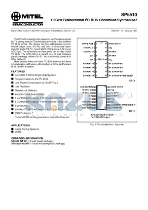 SP5510 datasheet - 1.3GHz Bidirectional I2C BUS Controlled Synthesiser