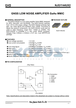 NJG1144UX2 datasheet - GNSS LOW NOISE AMPLIFIER GaAs MMIC