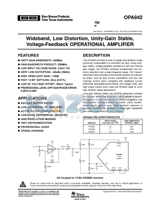 OPA842 datasheet - Wideband, Low Distortion, Unity-Gain Stable, Voltage-Feedback OPERATIONAL AMPLIFIER