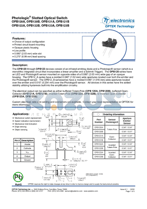 OPB121B datasheet - Photologic^ Slotted Optical Switch