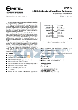 SP5659MP1S datasheet - 2g7GHz I2C Bus Low Phase Noise Synthesiser