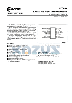 SP5668 datasheet - 2.7GHz 3-Wire Bus Controlled Synthesiser