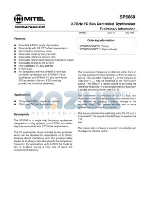 SP5669 datasheet - 2.7GHz I2C Bus Controlled Synthesiser