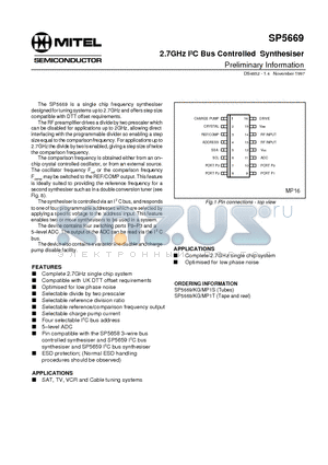 SP5669KGMP1S datasheet - 2.7GHz I2C Bus Controlled Synthesiser