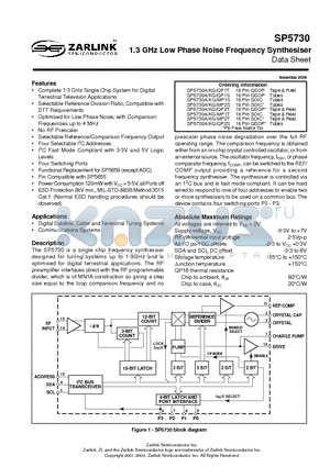 SP5730 datasheet - 1.3 GHz Low Phase Noise Frequency Synthesiser