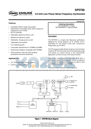 SP5768 datasheet - 3.0 GHz Low Phase Noise Frequency Synthesiser