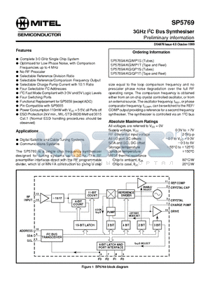 SP5769AKG datasheet - 3GHz I2C Bus Synthesiser