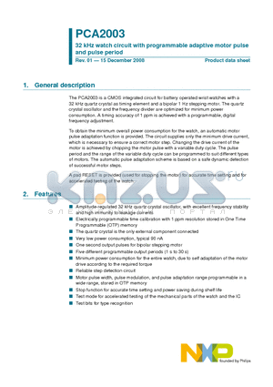 PCA2003 datasheet - 32 kHz watch circuit with programmable adaptive motor pulse and pulse period