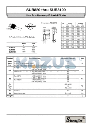 SUR820 datasheet - Ultra Fast Recovery Epitaxial Diodes