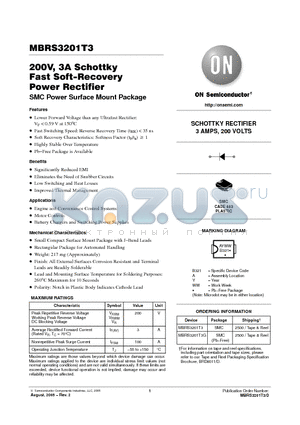 MBRS3201T3G datasheet - 200V, 3A Schottky Fast Soft−Recovery Power Rectifier SMC Power Surface Mount Package