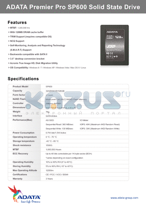 SP600 datasheet - ADATA Premier Pro SP600 Soild State Drive