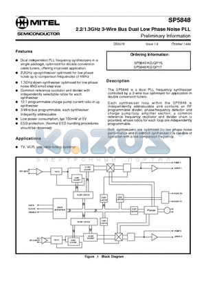 SP5848KG datasheet - 2.2/1.3GHz 3-Wire Bus Dual Low Phase Noise PLL