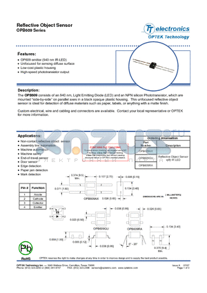 OPB609 datasheet - Reflective Object Sensor