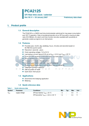 PCA2125 datasheet - SPI Real time clock / calendar