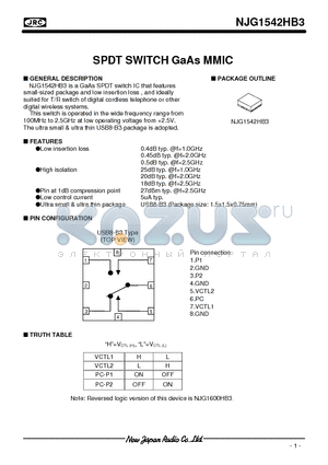 NJG1542HB3 datasheet - SPDT SWITCH GaAs MMIC