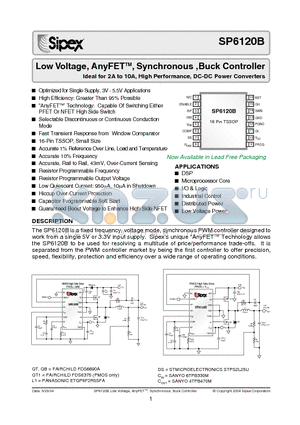 SP6120B datasheet - Low Voltage, AnyFETTM, Synchronous ,Buck Controller Ideal for 2A to 10A, High Performance, DC-DC Power Converters