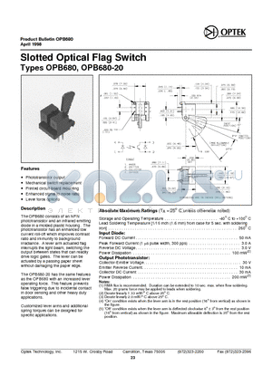 OPB680-20 datasheet - Slotted Optical Flag Switch Types OPB680, OPB680-20
