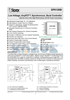 SP6120BCY datasheet - Low Voltage, AnyFETTM, Synchronous ,Buck Controller Ideal for 2A to 10A, High Performance, DC-DC Power Converters