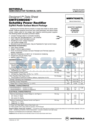 MBRV7030CTL datasheet - SWIRCHMODE Schottky Power Rectifier(D3PAK Power Surface Mount Pakage)