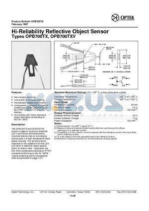 OPB700TX datasheet - Hi-Reliability Reflective Object Sensor