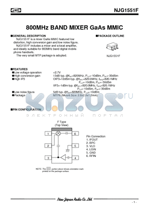 NJG1551F-L3 datasheet - 800mhZ band mixer gAaS mmic