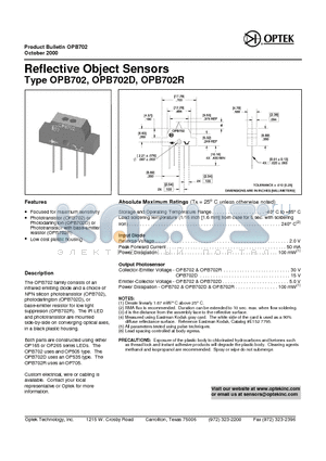 OPB702 datasheet - Reflective Object Sensors